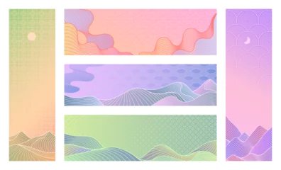 Gordijnen Purper Line art landscape. Minimal mountains and hills with traditional Asian pattern and pastel gradient banner vector templates in Japanese, Chinese and Korean retro style.  © WinWin