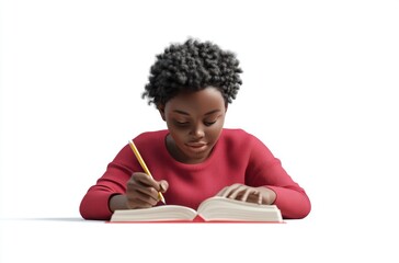 3D Black student writing in notebook with focus,