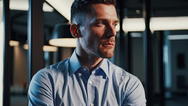 Businessman in light shirt stands in modern office environment during evening connoting ambition planning leadership