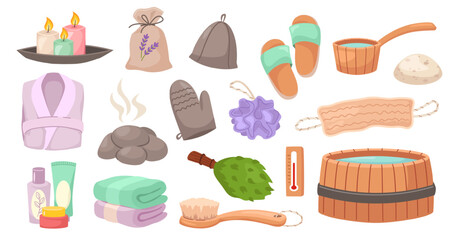 Cartoon sauna elements. Bathroom and spa self care items. Stones, towel and brush, bath broom and bathrobe, candles and thermometer, wooden tub and washcloth. Vector set.