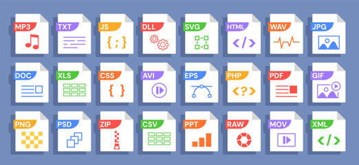 File format icons with various format labels PDF, JPG and MP3, HTML and ZIP, PHP and SVG, EPS and PSD, PNG. Symbols for file types with document extension. Vector set.