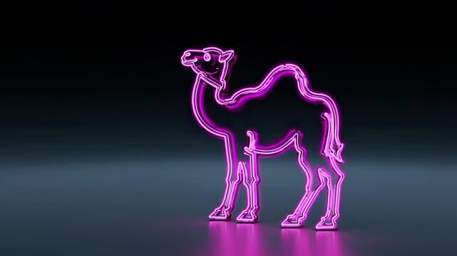 Neon camel in glowing purple stands alone in darkness radiating dream wandering travel escape adventure travel adventure curiosity dream for imaginative concepts and campaigns