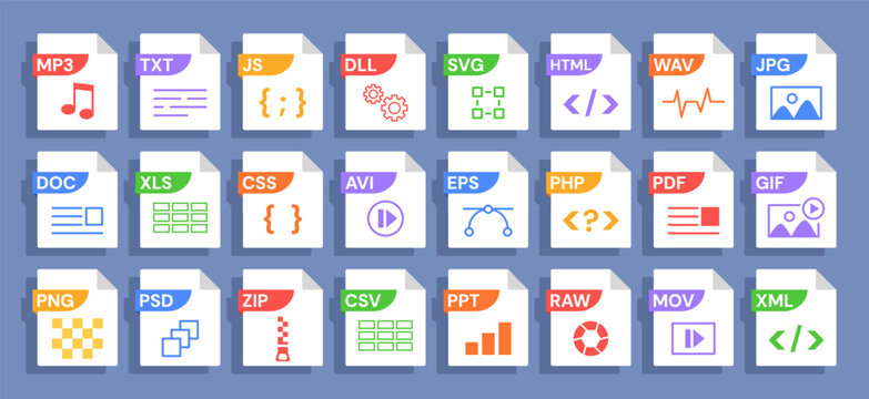 File format icons with various format labels PDF, JPG and MP3, HTML and ZIP, PHP and SVG, EPS and PSD, PNG. Symbols for file types with document extension. Vector set.