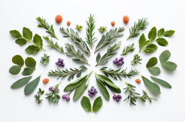 3D botanical elements arranged symmetrically on white