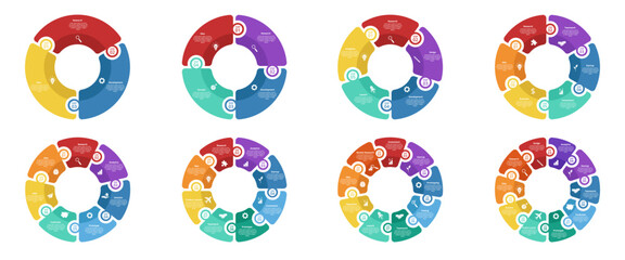 Circle diagram infographic templates. Round chart with business icons, 3 -10 step options or processes, step-by-step startup, project workflow. Circular vector infographics.