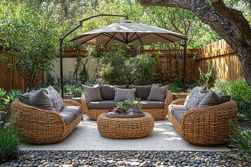 Fototapeta premium Outdoor patio set with gray rattan armchairs, brown wicker couches, coffee table, umbrella, cushions and pillows on white rug under large tree in backyard garden