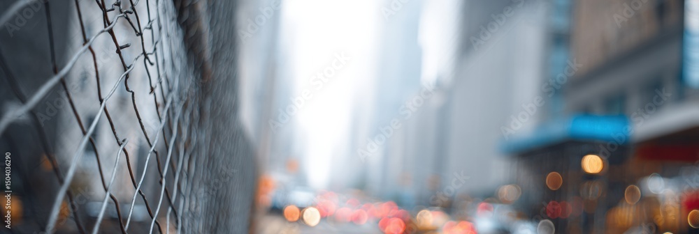Poster scaffold and netting create an urban barrier over a bustling street in a modern cityscape on a cloud