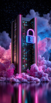 Server rack data center protecting information with digital padlock and neon lights at night