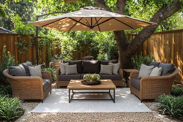 Obraz premium Outdoor patio set with gray rattan armchairs, brown wicker couches, coffee table, umbrella, cushions and pillows on white rug under large tree in backyard garden
