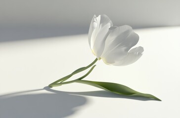 3D render of a single tulip with stem and shadow, white