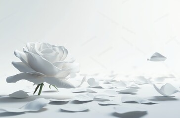 3D rose with petals gently falling, white clean background
