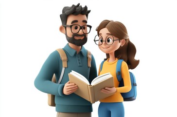 3D student and teacher looking at book together, positive mood,