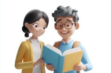 3D student and teacher looking at book together, positive mood,
