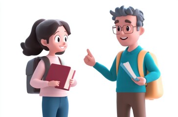 3D student holding book and pointing, teacher nodding