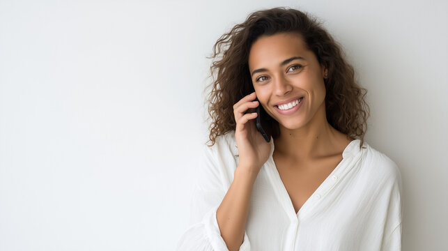 beautiful african america woman 26 years old holding a smartphone to her ear and smiling