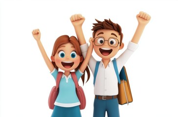 3D student raising both hands excitedly, teacher cheering,