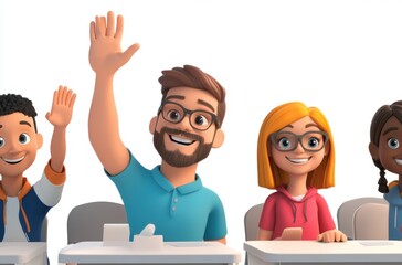 3D student raising hand in classroom, teacher smiling,