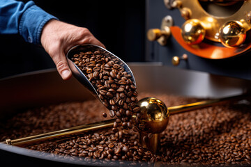 Barista pouring roasted coffee beans into roasting machine hopper