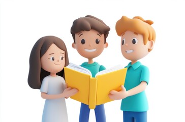 3D student sharing book with classmate, teacher observing,