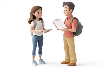 3D student showing progress report to proud teacher,