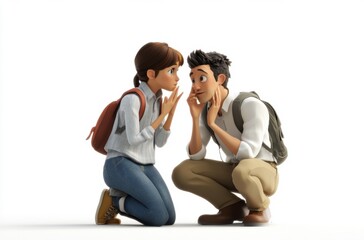 3D student whispering question, teacher kneeling to listen,