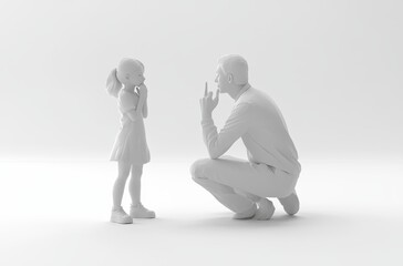 3D student whispering question, teacher kneeling to listen,