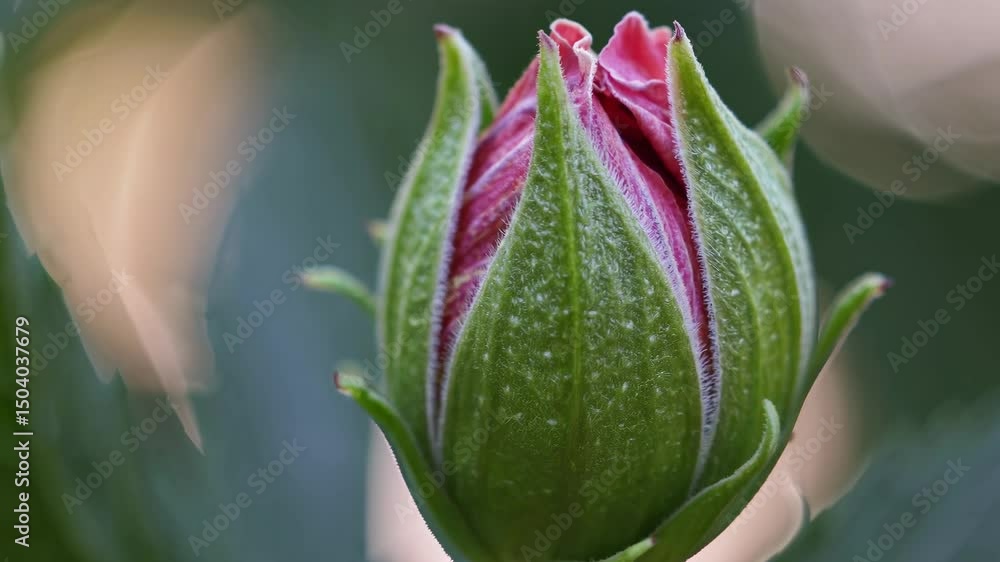Poster close-up of a green bud with a soft bokeh background, captured from a low angle. ideal for nature-th