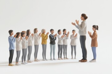 3D students clapping while teacher speaks,