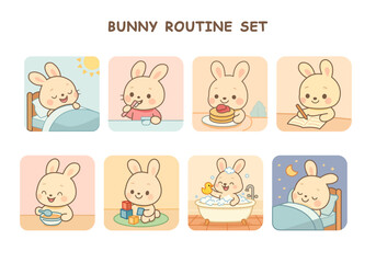 Cute cartoon bunny demonstrates daily routines including waking up, brushing teeth, eating, playing, bathing, and sleeping