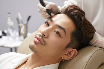 Fototapeta premium Young woman applying mascara, A Beautician plucking Young man eyebrow in beauty salon, closeup