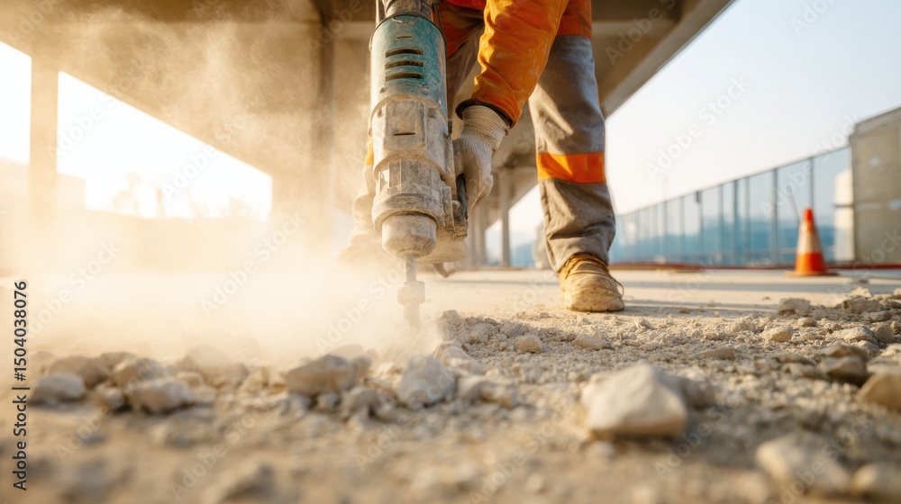 Aufkleber worker using jackhammer in construction site with motion blur during daylight hours