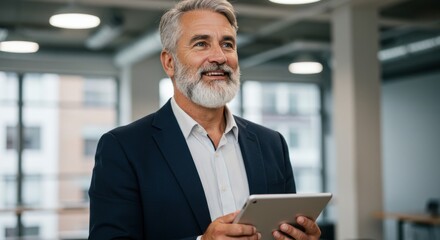 Confident and Thoughtful Mature Businessman with a Beard Holding a Digital Tablet in a Modern Office Setting