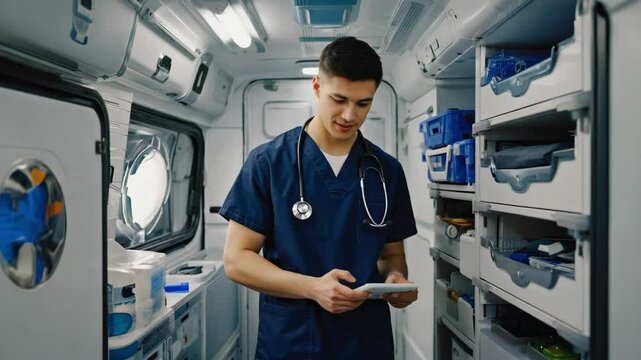 A young male nurse in dark blue scrubs reviews patient information while standing inside an ambulance, capturing the speed, focus and pressure of modern emergency healthcare services in motion