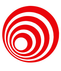 A red and white abstract circular design featuring concentric, wave-like rings creating a sense of depth and motion