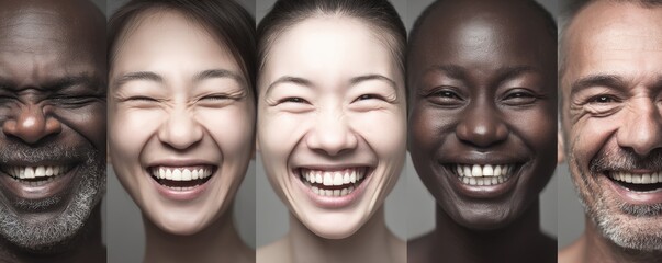 Obraz premium A multiracial group of smiling young individuals is showcased in a portrait collage, ideal for use as a profile picture or userpic, symbolizing diversity