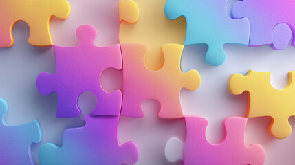 Obraz premium Colorful puzzle pieces in unique patterns, celebrating neurodiversity on a soft gradient backdrop