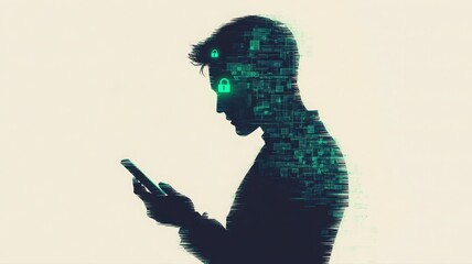 Programmer Silhouette with Glowing Green Eyes Holding a Smartphone on Light Background