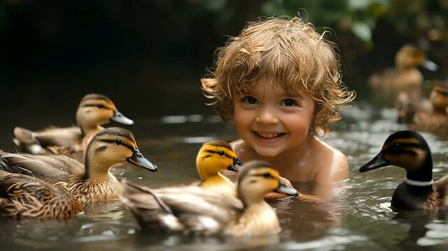Child playing with ducks in a pond