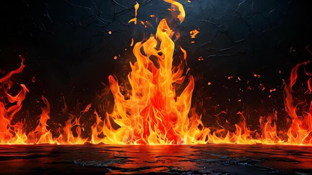 Intense flames erupt from below against a textured black surface, filled with fiery energy.