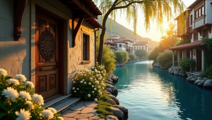 Fototapeta premium Tranquil Mediterranean Villa by the Canal 