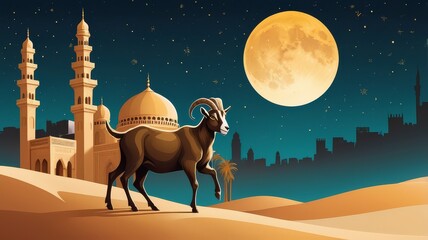 Eid al-Adha: Bakra Eid Painting with Festive Decorations, cow, lamb, cattle, camel, sheep.
