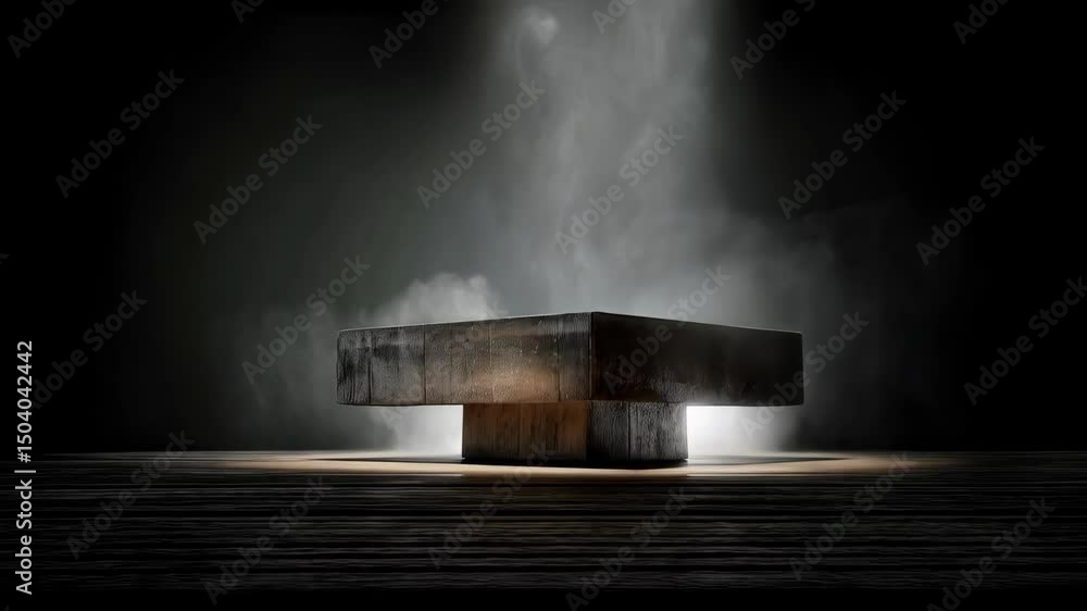 Poster minimalist presentation platform with textured surface illuminated by focused spotlight and subtle s