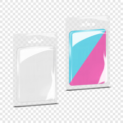 Rectangular empty cardboard back clear plastic blister box with euro hole. 3d mockup. Rectangle hanging individual product sleeve package. Realistic vector mock-up. Easy editable template