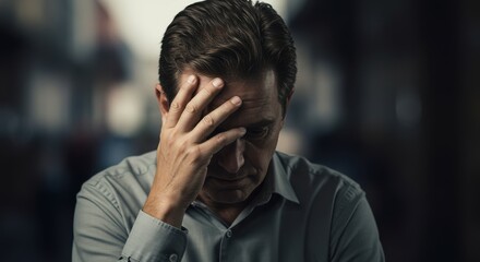 Distraught Young Man with Hand on Head, Appearing Upset and Emotional Outdoors