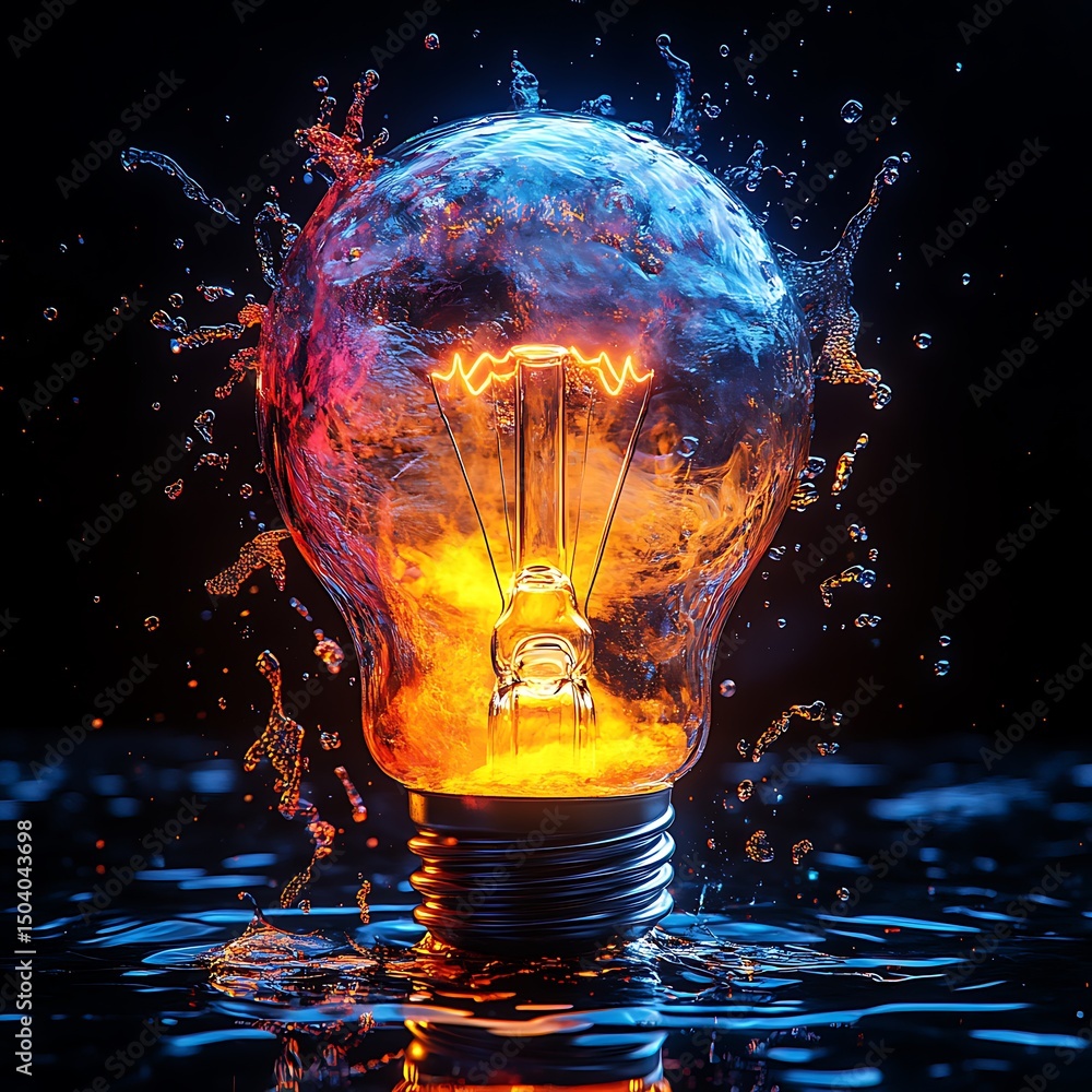 Poster a luminous incandescent light bulb submerged in water with abstract effects of light and color showc