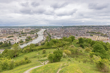 View over Rouenwith Lacroix Island in the middle of the Seine and the old city to the right, seen from the Saint Catherine viewpoint