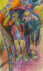 Surreal abstract drawing of man talking on phone in psychedelic urban dreamscape. Colorful hand-drawn scene with fantasy elements and vibrant distorted city background.