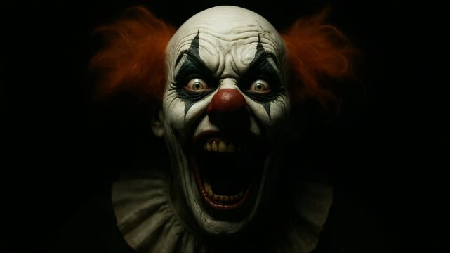 Creepy clown emerges from darkness, twisted grin turns scream, closeup horror jumpscare