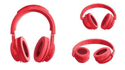 Three Red Pixelated Headphones on White Background for Audio Listening and Entertainment