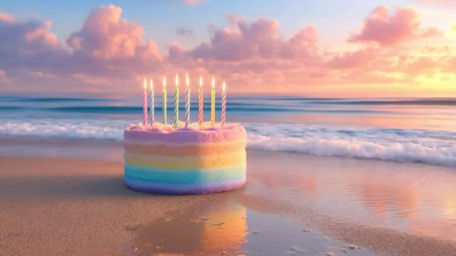 Sunset Party Vibes with Beach Cake and Ocean Waves